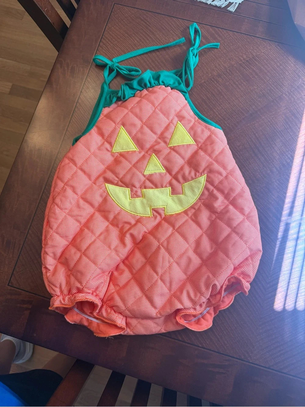Kids Pumpkin Jack-O'-Lantern Costume Romper - Green & Orange
